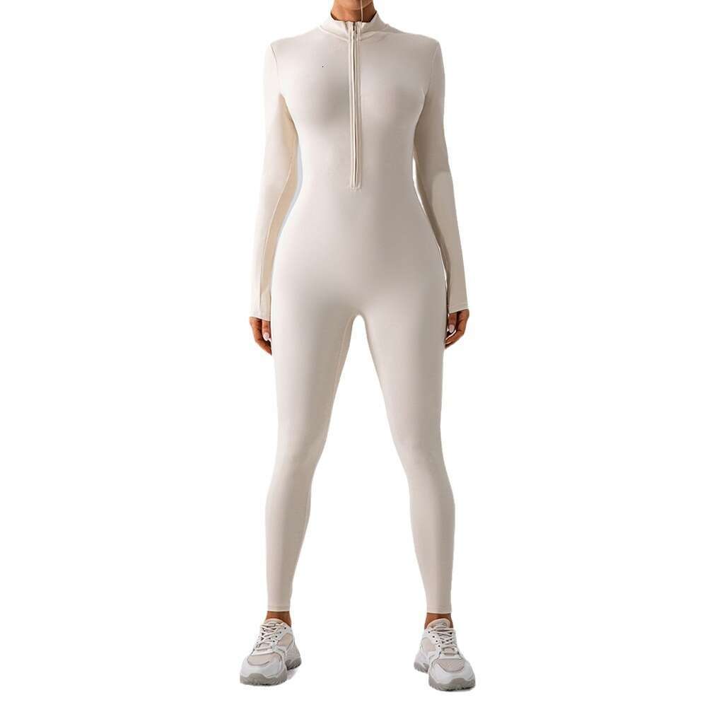 European American zipper nude long sleeved yoga women's sports and fiess training dance integrated jumpsuit, 2025 new casual versatile fashion cl