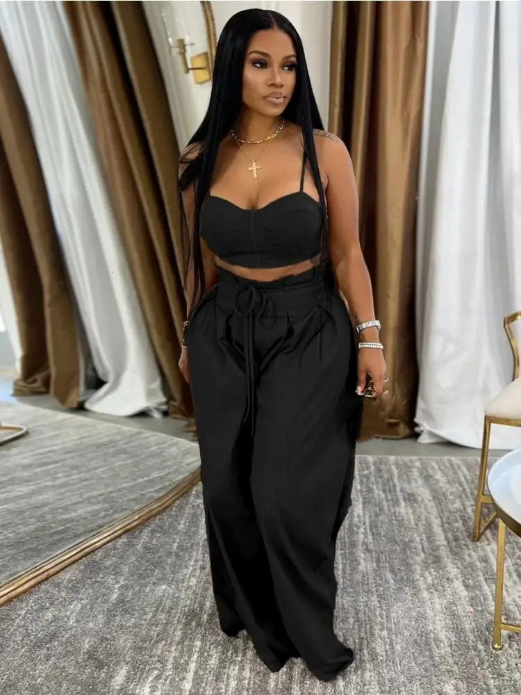 Sexy Zip Crop Camisole And High Waisted Drawstring Wide Leg Trousers 2 Piece Women Pants Suit Autumn Workout Streetwear