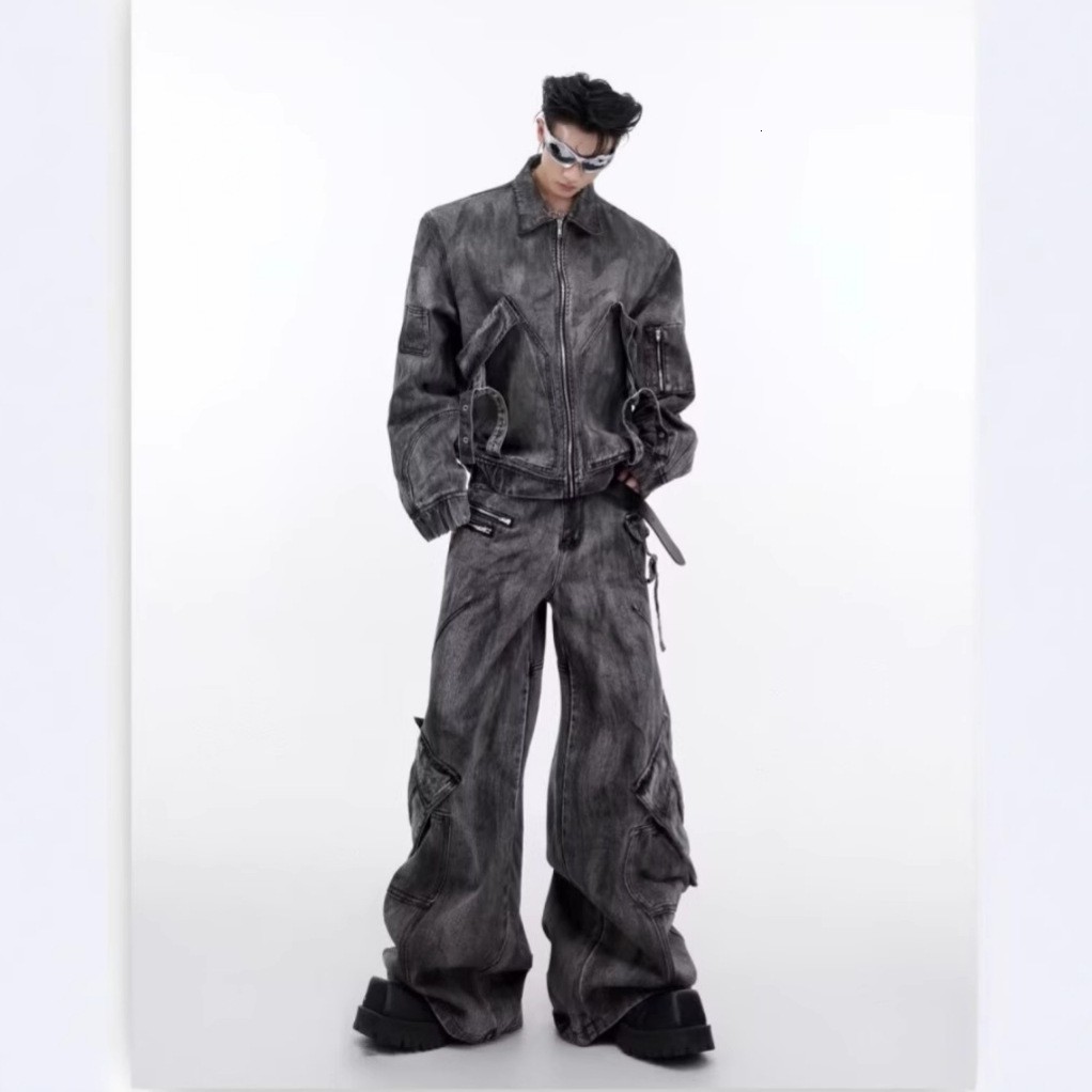 High street American style cool and bold ink jacket mens suit street fashion brand hip-hop loose casual workwear denim suit240903