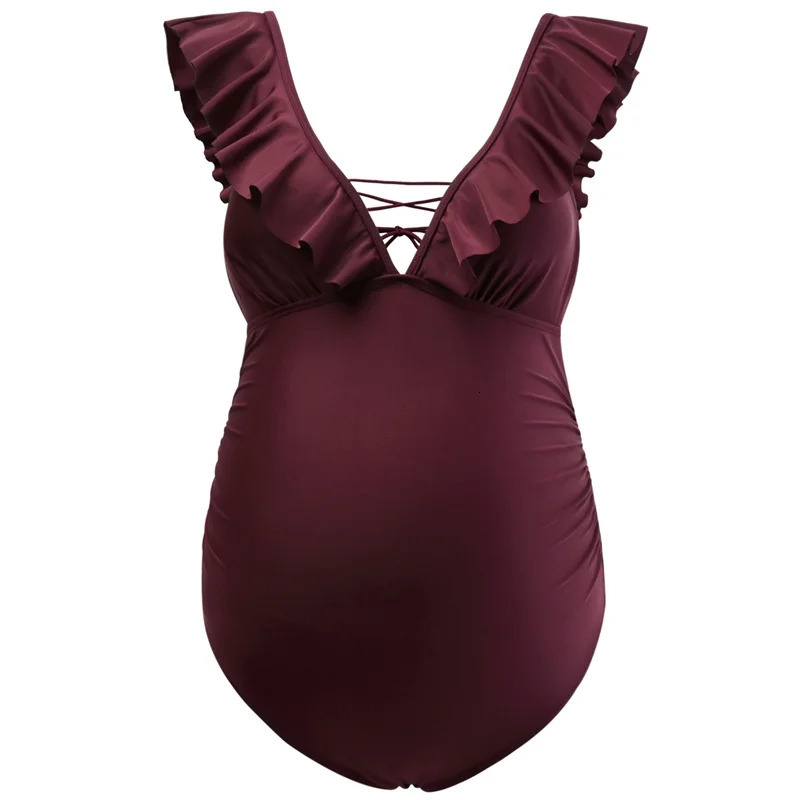 Maternity Swimsuits One Piece Cute Ruffle Pregnancy V-Neck Bathing Suits Lace-up Backless Swimwear Outfit 250407