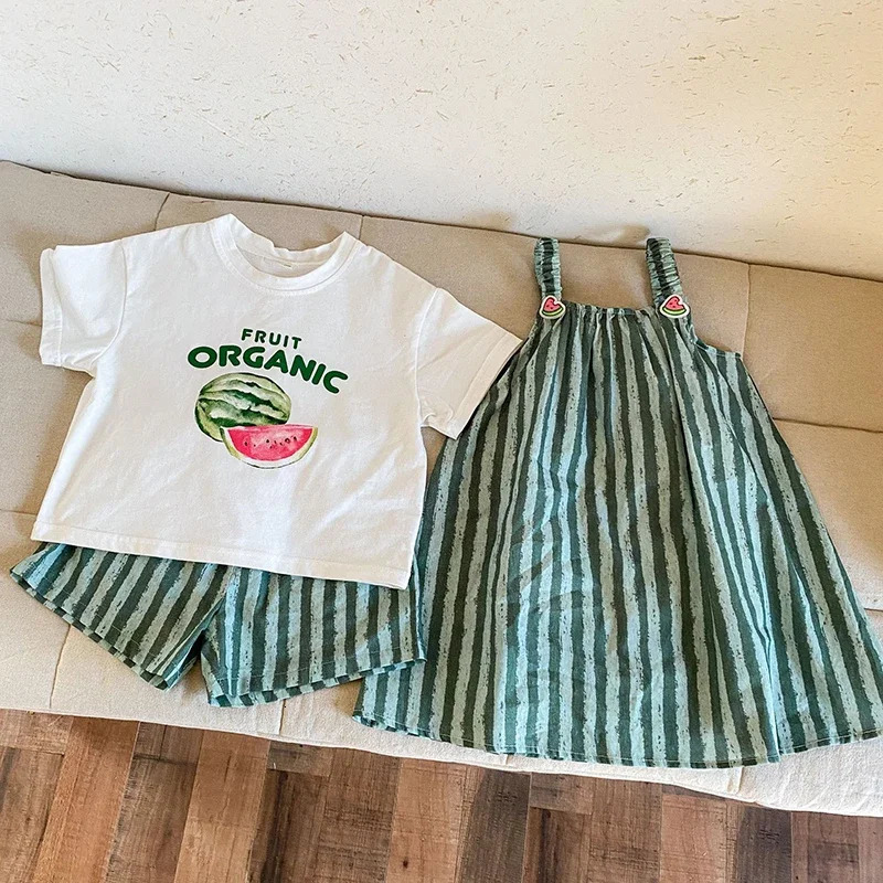 Childrens Summer Clothes Set Boys Pure Cotton Striped Tee and Shorts 2pcs Suit Cute Girls Suspenders Dress Siblings Outfit 250407