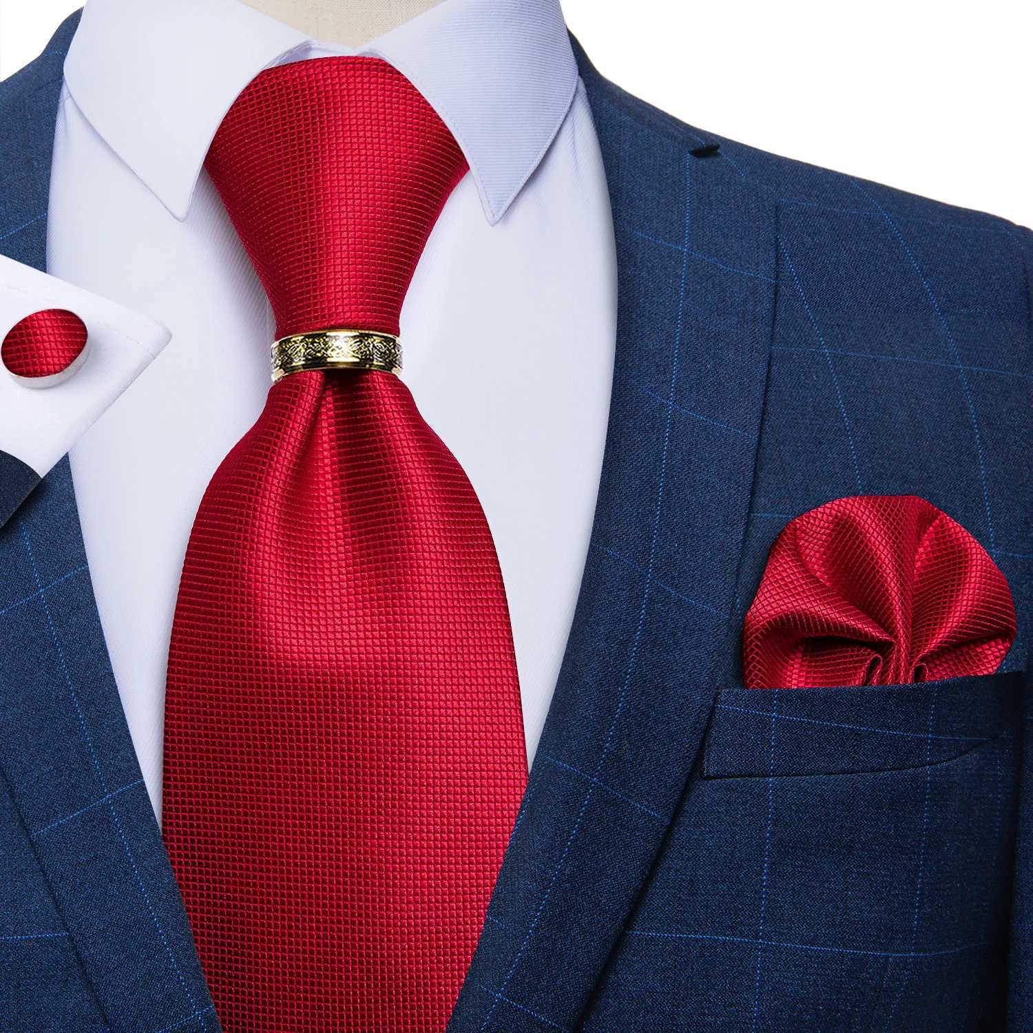Red Mens Solid Tie Set Handkerchief Cufflinks With Luxury Gold Metal Dragon Ring Wedding Party Accessories 8CM Silk Necktie X250407