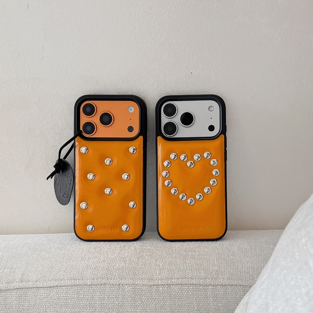Orange Rivet Leather Phone Case Compatible with iPhone 17/16 Pro Simple Solid Color iPhone 15/14 Shockproof