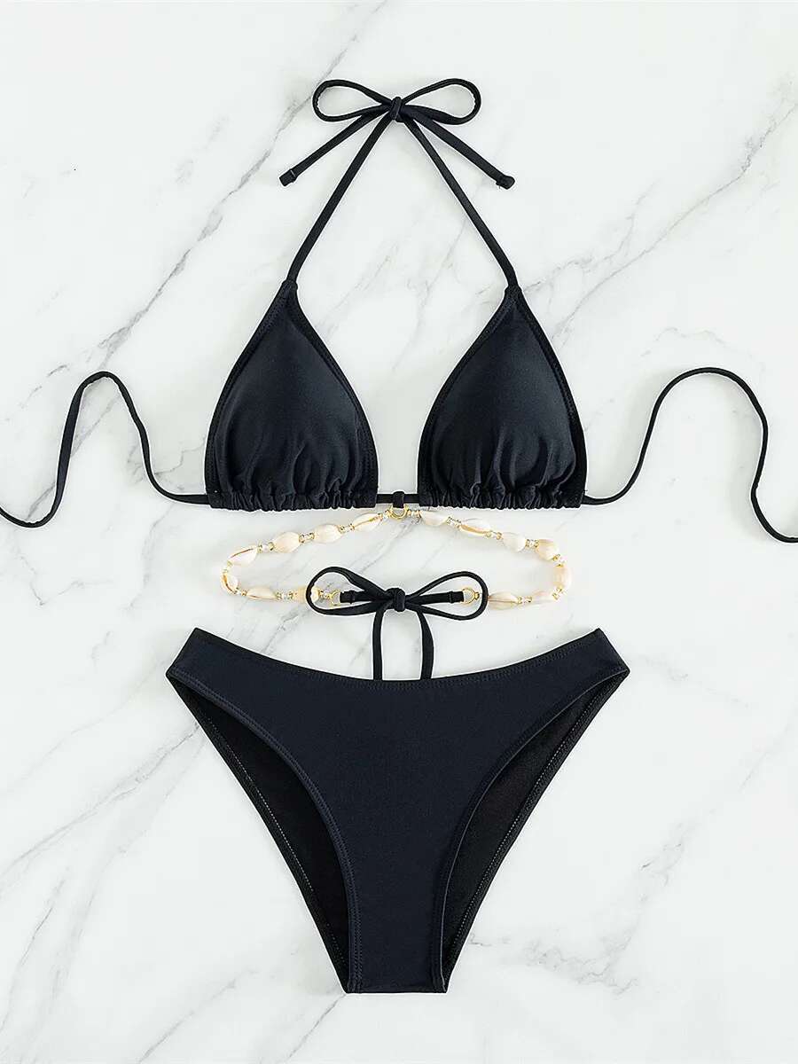 Dongdumaoyi Sexy High Waist Bikini Set Decorated With Seashell Swimsuit Women Black White Criss Cross Push Up Bathing Suit Swimwear