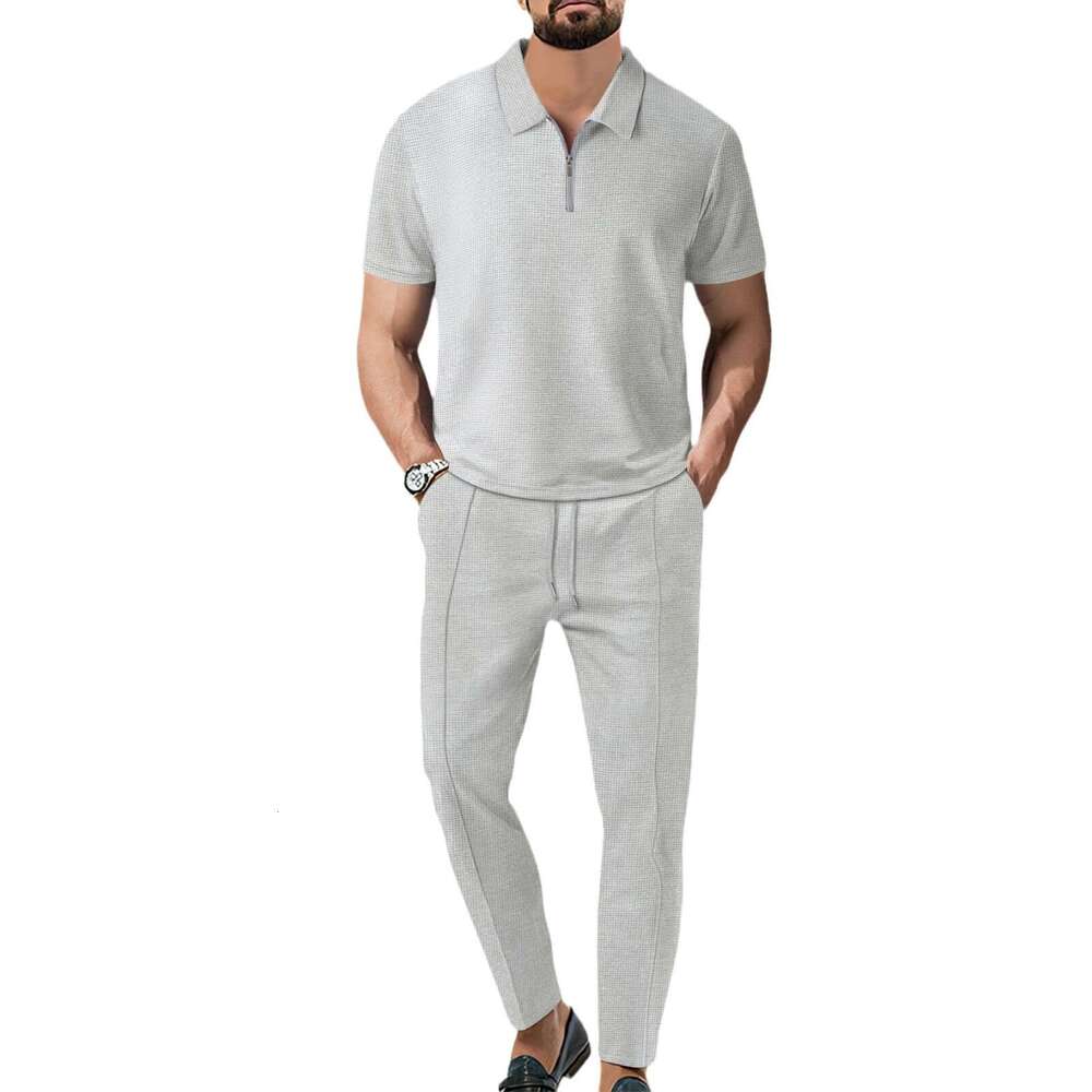Autumn European and American Men's Solid Color Waffle Collar Short Sleeve Zipper Pants Set 2025 New Casual Fashion Trendy Clothing