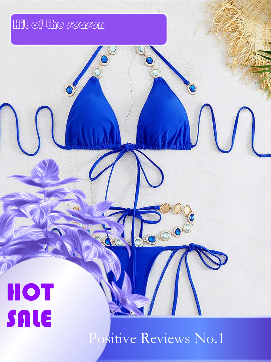 Dongdumaoyi Sexy Rhinestone Bikini Women Blue Hollow Out Push Up Criss Cross Swimsuit Luxury Bathing Suit Diamond Chain Thong Swimwear