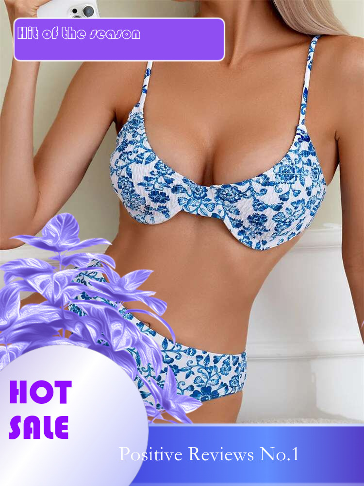 Dongdumaoyi Push Up Bikini Sexy Women Swimsuit Blue Floral Print Pleate Underwire Bikinis Sets Beach Bathing Suit High Waist Swimwear