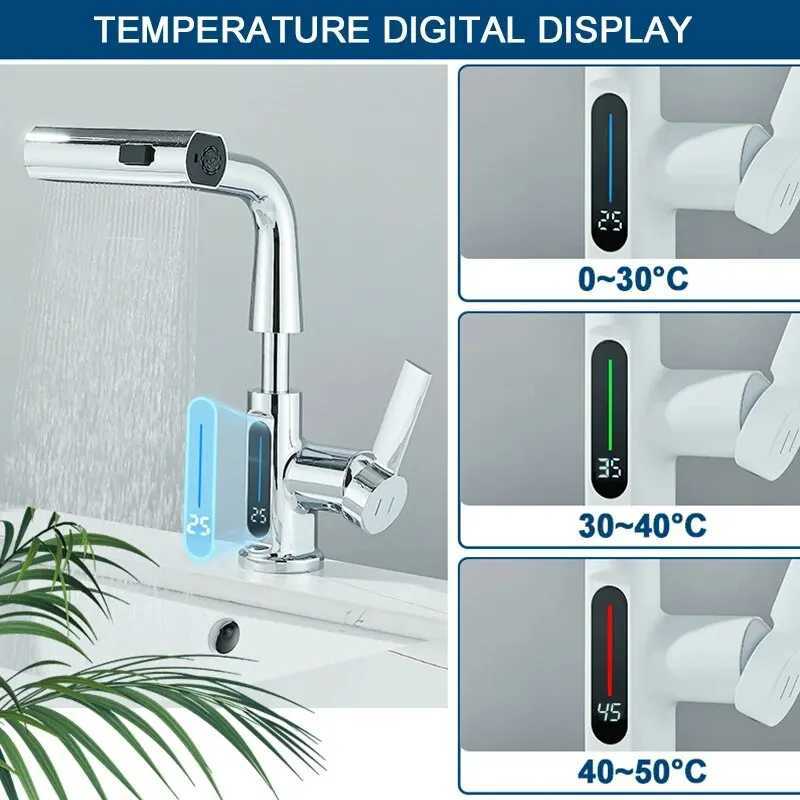 Temperature digital display basin faucet used for bathroom Pl waterfall flow 3-way spray hot cold sink mixer washing faucet Y250407