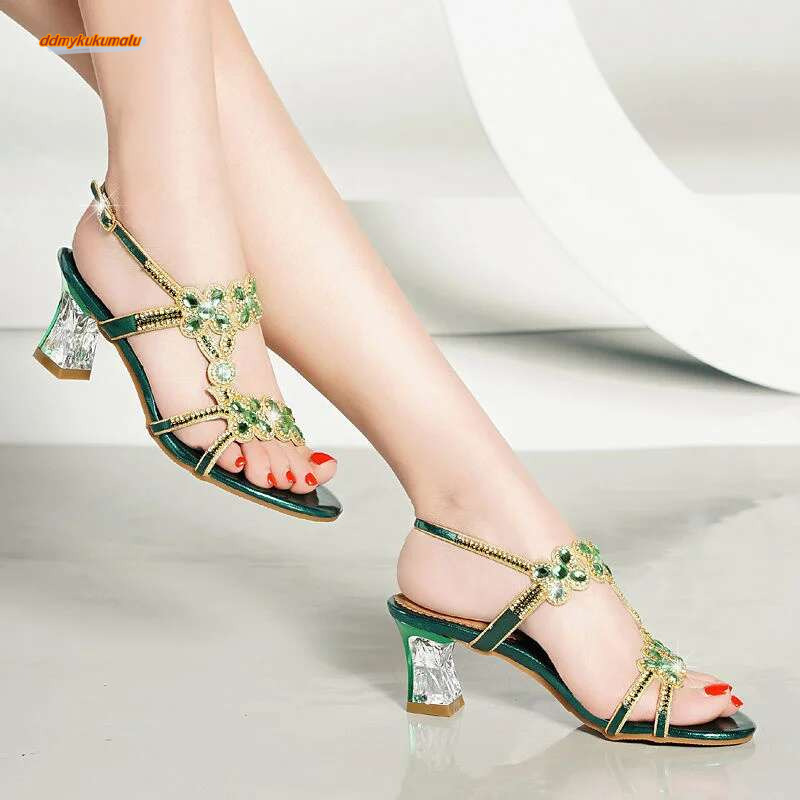 Summer New Style Rhie High Heel Sandals Women's Open Toe Fashion Sexy Beach Roman Dia-encrusted Shoes ddmykukumalu