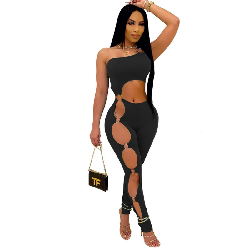 White Sexy Women Outfit Hollow Out Jumpsuit Sleeveless One Shoulder Rompers Holes Sexy Overall Backless Rompers Womens Jumpsuit 250407