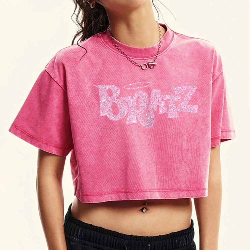 Pink Bratz letter printed womens Tshirt washed retro casual summer short sleeved soft ultrathin suitable for comfort 250407