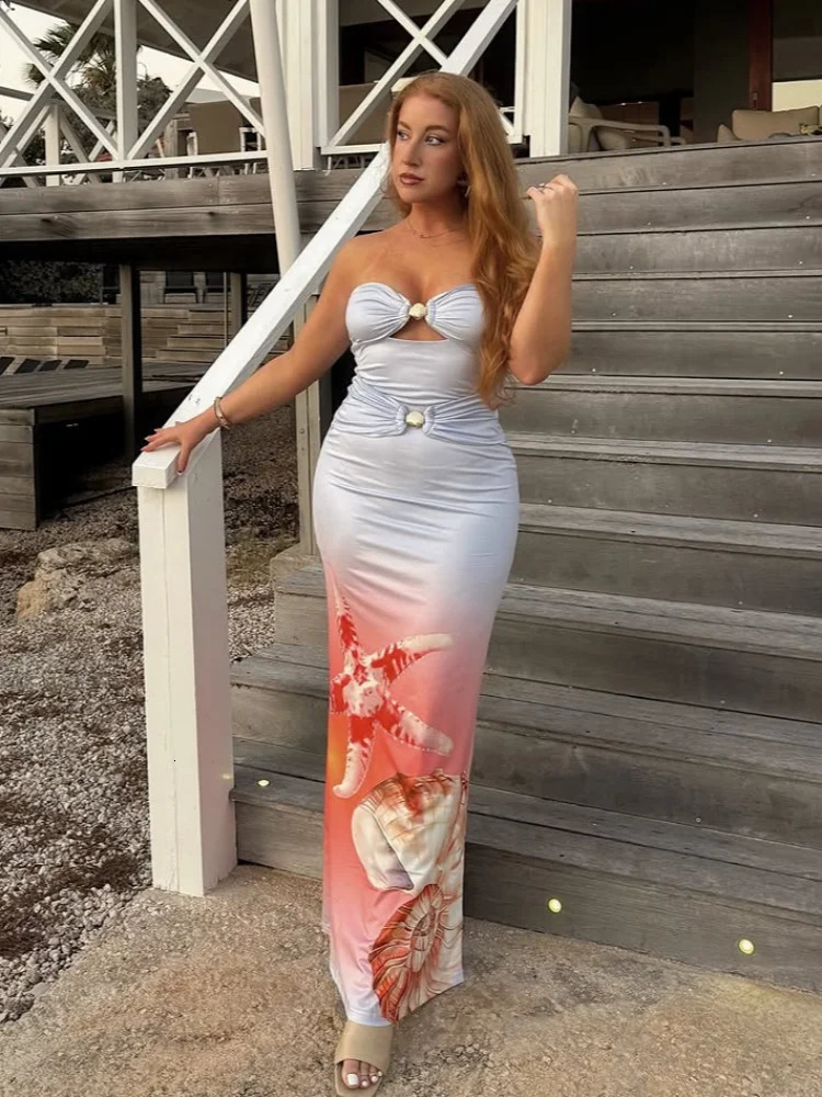 Sexy Gradient Printed Hollow Out Slim Long Dresses Women Elegant Off Shoulder Backless Sleeveles Robes Chic Lady Party Gowns 250407