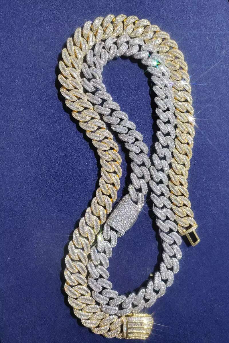 Hand Crafted baguette Cut Cuban Link Chain Vvs Moissanite 15mm Ice Out Cuban Link Chains