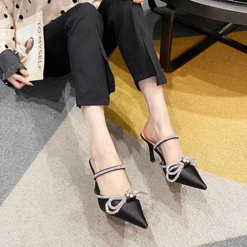 Simulated sandals and bows designed for women high heels narrow slides party bombs luxury wedding shoes summer fiXJ250407