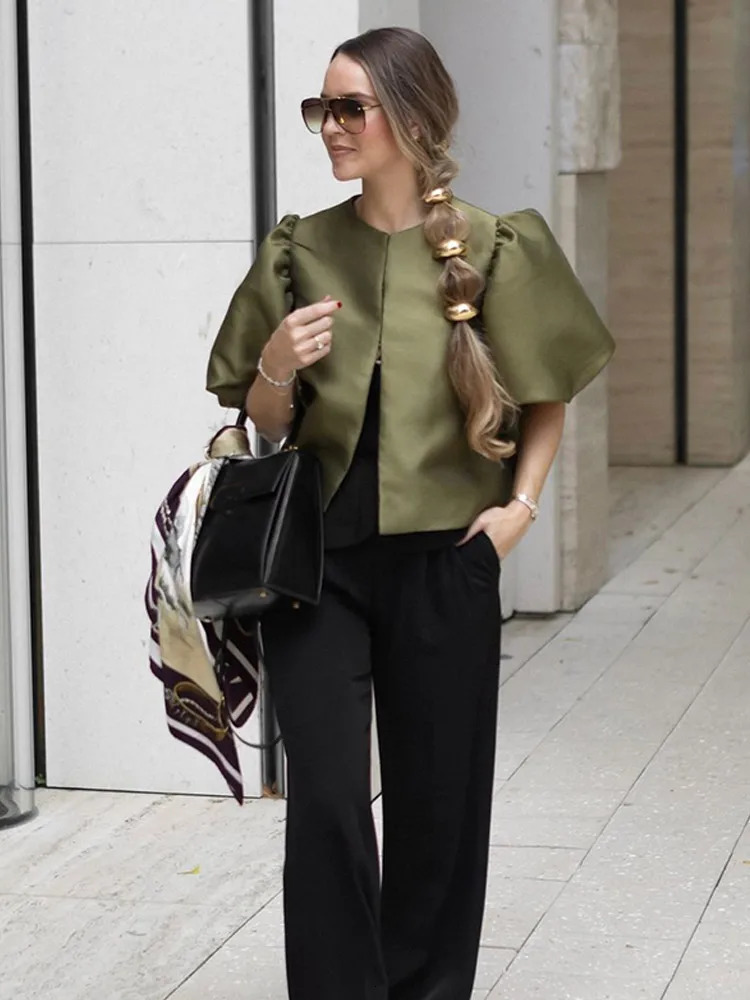 Elegant solid short puff sleeve cardigan womens fashionable satin O-neck single chest shirt High Street Outwear 250402