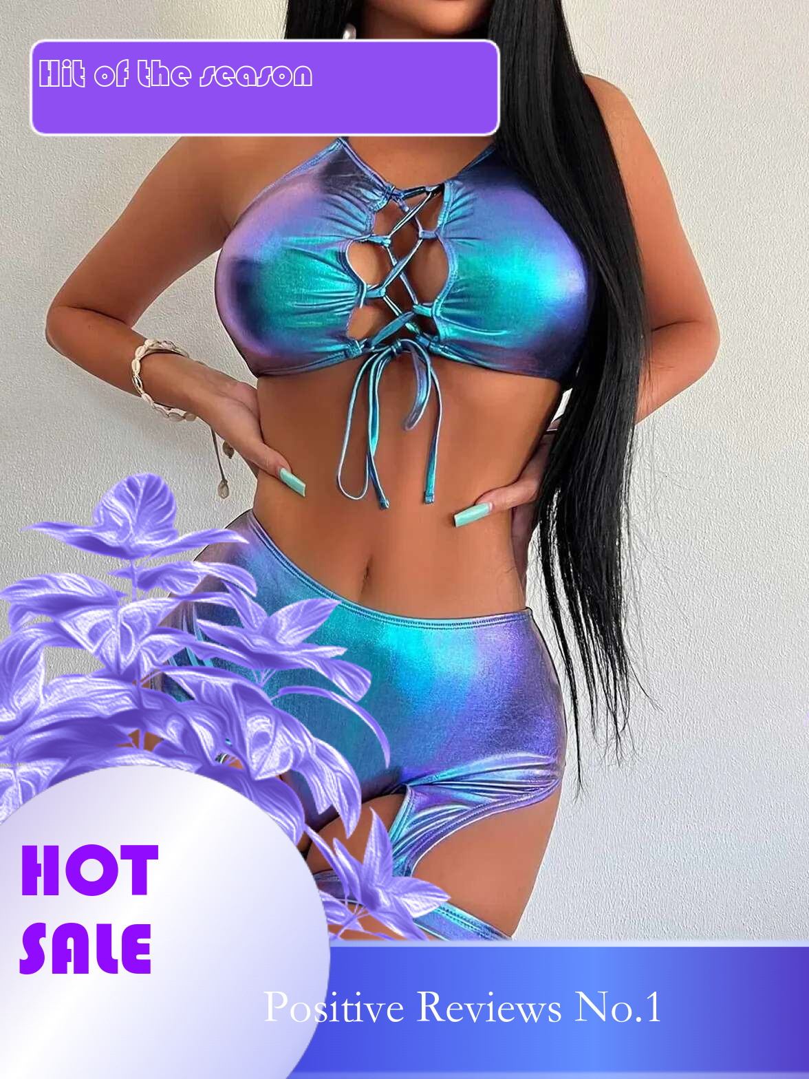 Dongdumaoyi Sexy Blue Laser Bikini Set Women Shiny Bandage Push Up Vest Leg Loop High Waist Shorts Two Piece Swimsuit Bathing Suit Swimwear