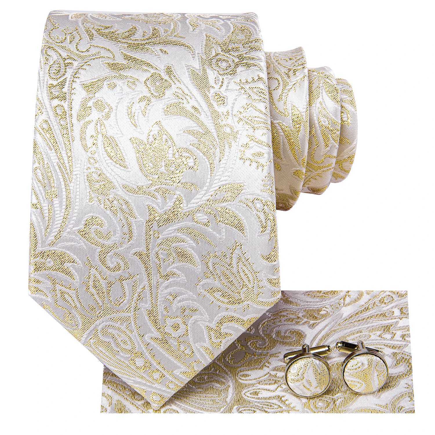 Hi-Tie Champagne Gold-color Silk Mens Elegant Ties Fashion Mens Necktie Pocket Square Cufflinks Set Business Party Wedding X2504071