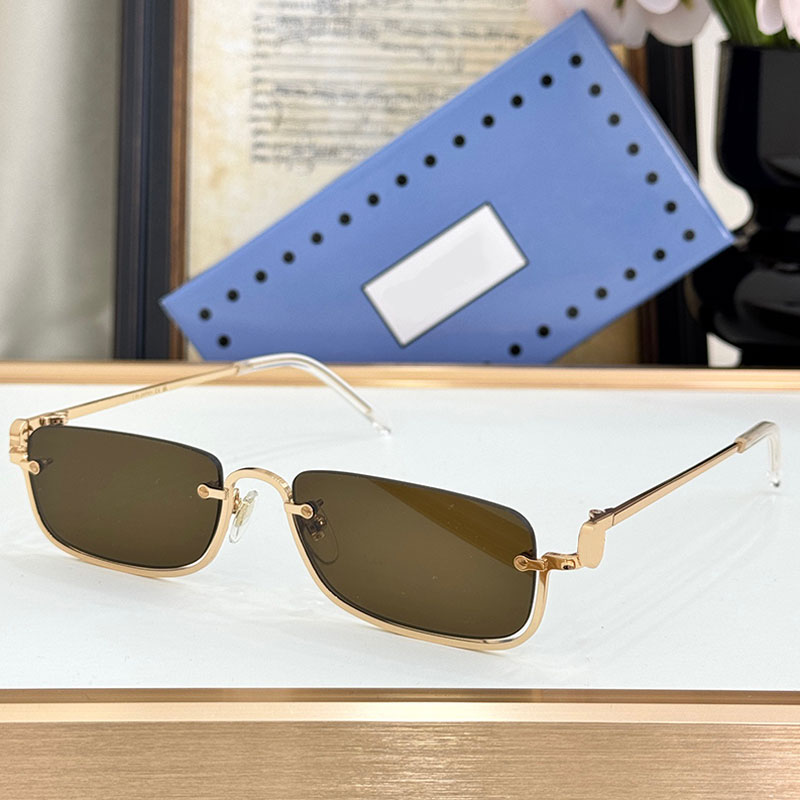 2024 Women RECTANGULAR FRAME SUNGLASSES Designer Metal Half Frame Brown Lens Modern Fashion Street Style Sunglasses with Box