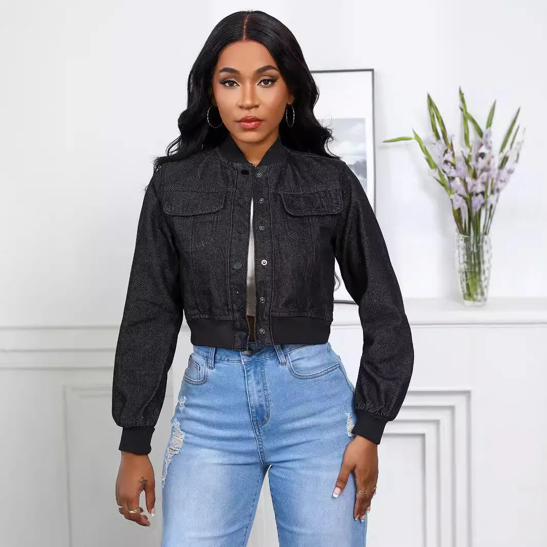 Denim jacket womens jeans casual streetwear long sleeved round neck pocket short single chest spring 250407