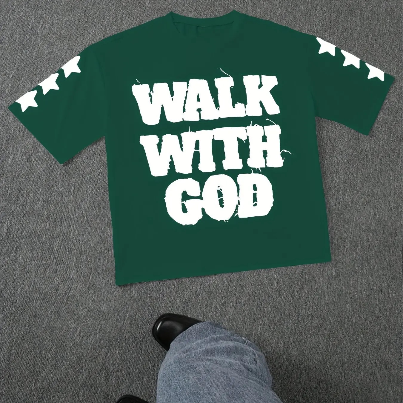 Summer Mens Black Walking with God Pattern Tshirt Casual Short Sleeve White Letter Printed Starry Sky n 250331