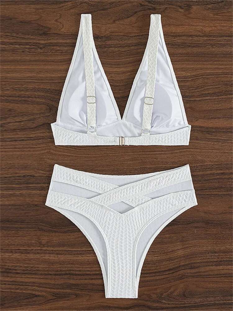 Dongdumaoyi Sexy Hollow Out High Waist Bikini Women Solid White V Neck Push Up Two Piece Swimsuit Beach Bathing Suit Backless Swimwear