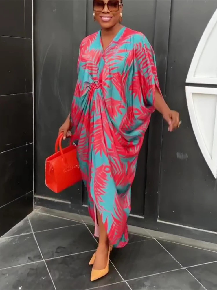 HBLL Plus Womens Printed Wide Satin Loose Short Sleeve Batwing Dress Fashionable and Casual Large Loose Long Street Dress 250328