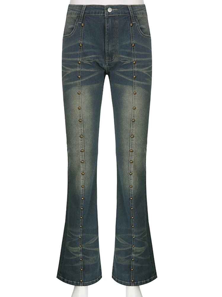 Rockmore Fashion Rivet Low Rise Jeans Womens Y2K Aesthetics Ultra Thin Flash Pants Street Technology Retro Grunge Fairycore Cowboy Trouser 250407