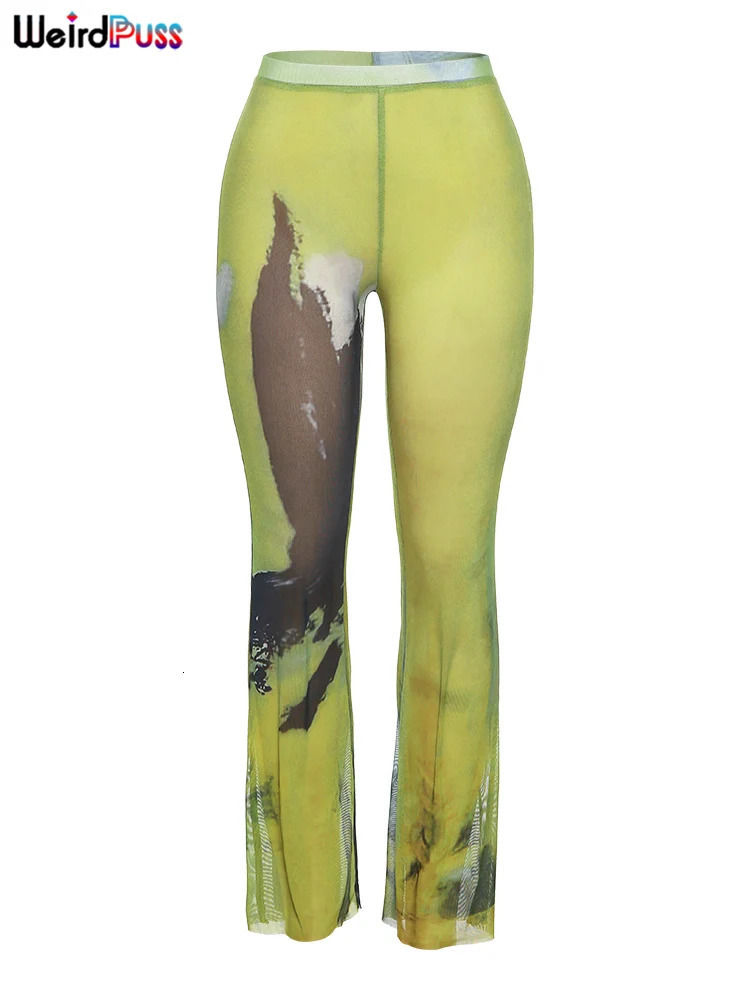 Strange cat net tie dye straight pants womens sexy summer trend see through thin tight streetwear wild elastic activity bottom 250407