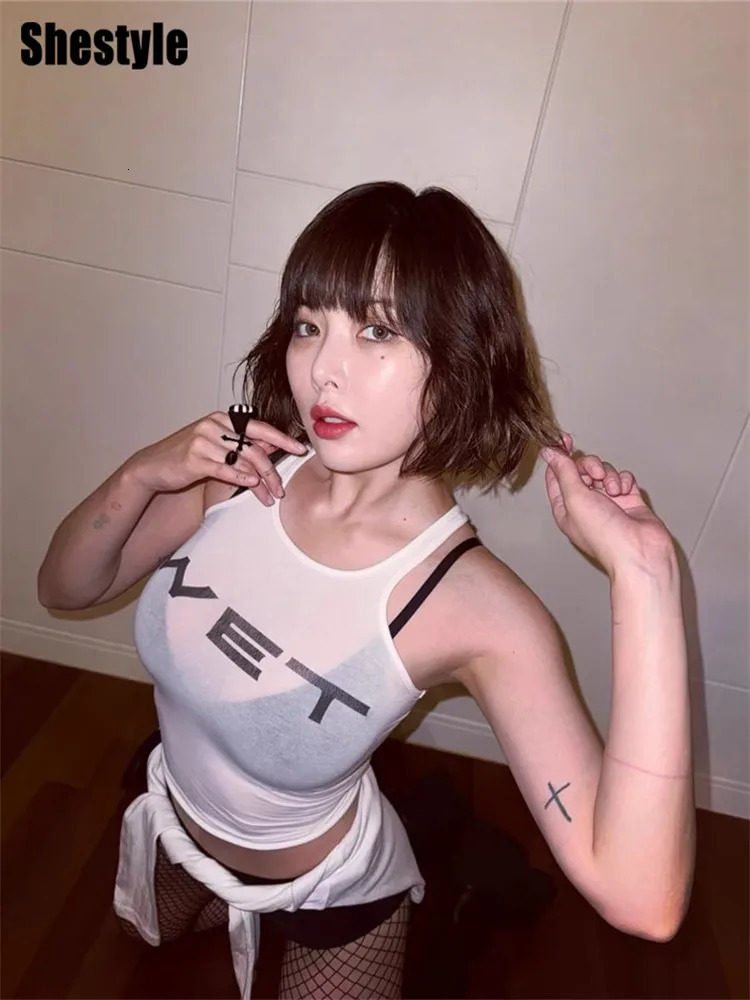 Shestyle Transparent White Crop Top Women Autumn Sleeveless Wet Letter Print Super Stars Same Style Tank Theatrical Costume 250407