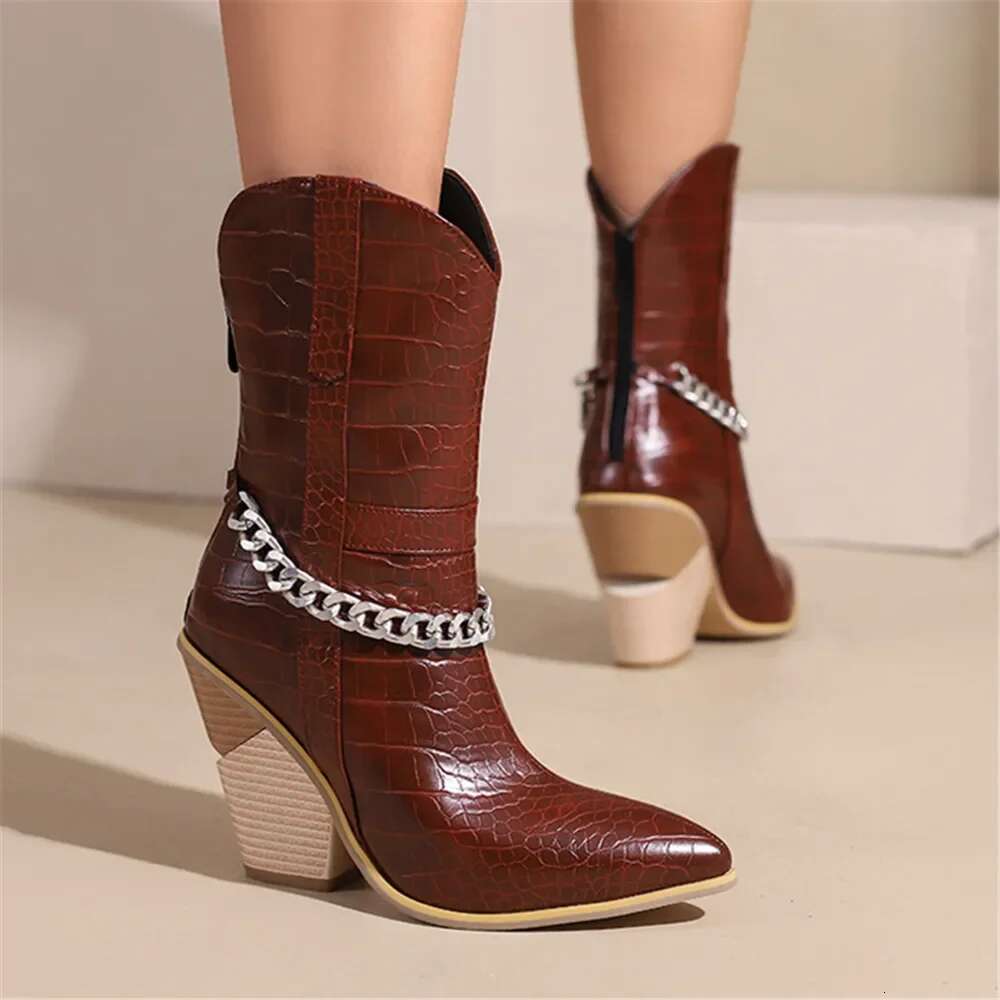 New Ankle Boots Cowboy For Women Wedge High Heel Chunky Snake Print Chain Zip Western Cowgirl Boots Pink