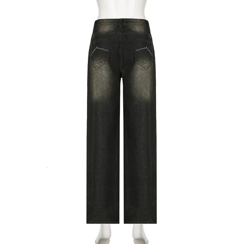 Womens low rise jeans Gothic Y2k style bagged punk wide leg denim pants Kpop casual loose streetwear 250407