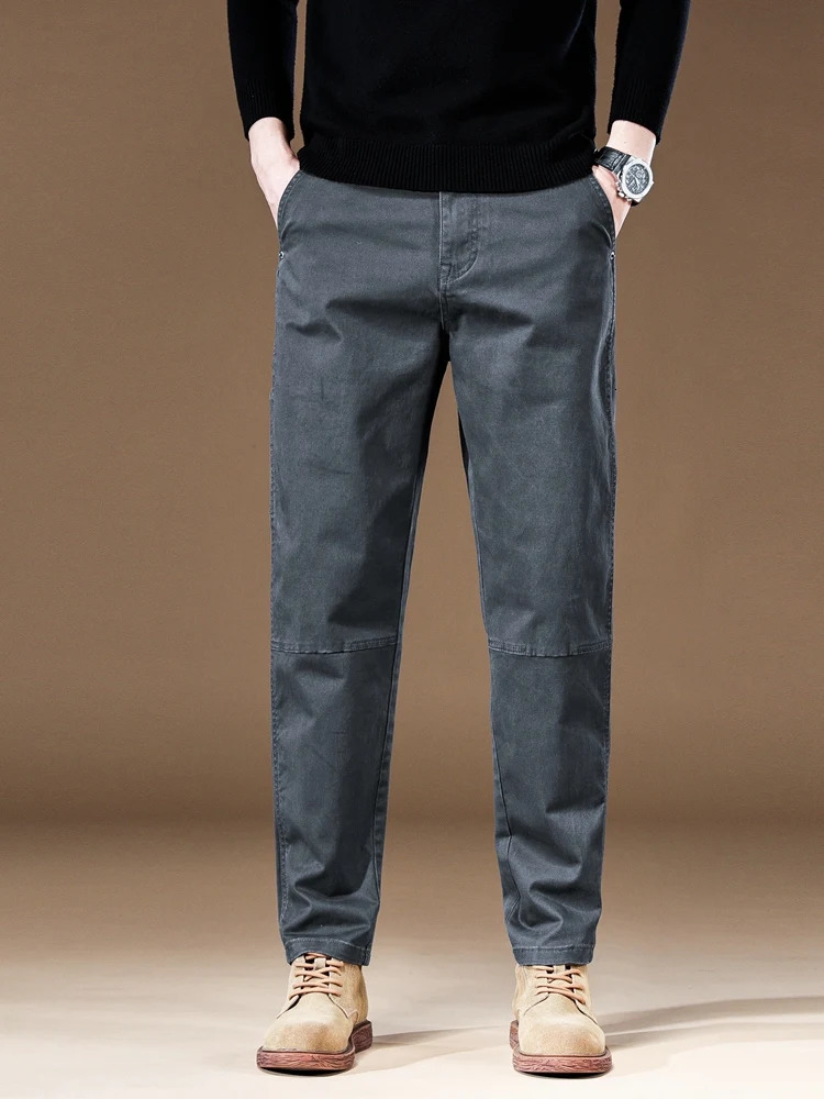 97% pure cotton mens cargo pants retro splicing work straight runner Trousers Fall loose casual brand khaki gray 250403