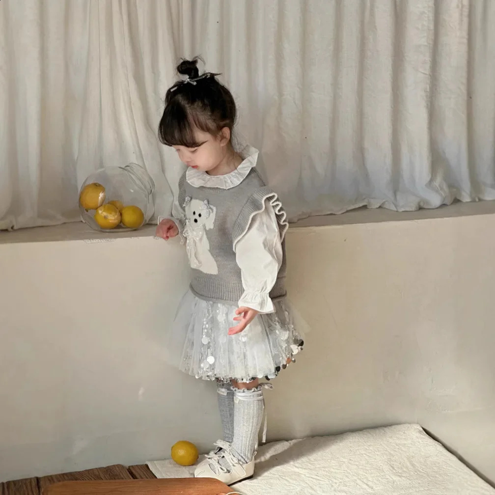 Girls Sequin Mesh Skirt 2025 Spring Korean Fashion Silver Sparkling Mesh Short Skirt Girls Clothes 250408