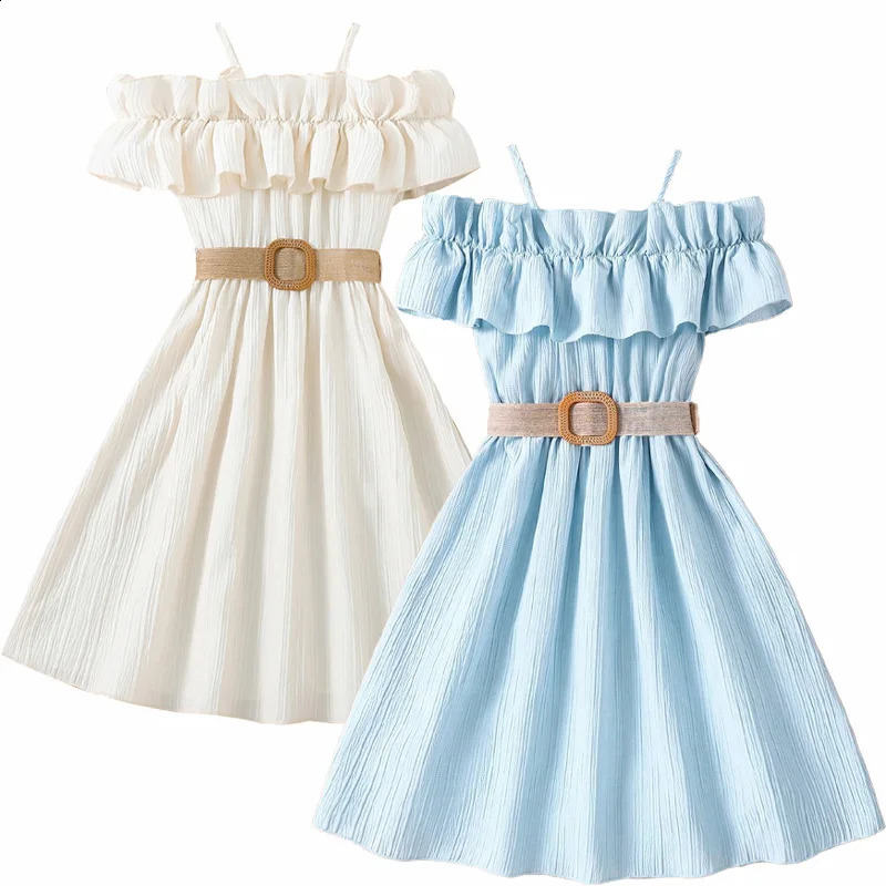 Summer Girl Dress Off Shoulder Fashion Girl Clothes Teenager Beach Dress with Belt Kid Outfits Children Clothing Plus Size Teens 250408