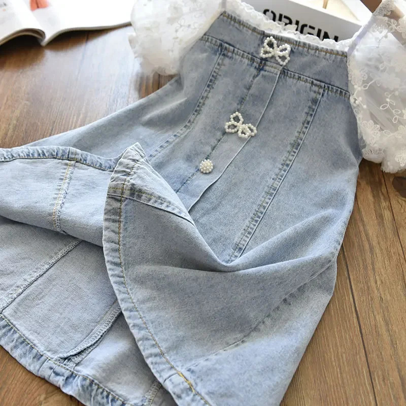 Children Girls Beads Lace Sleeve Denim Dress Toddler Fashion Summer Dresses 250407