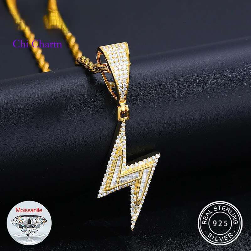 D Color Moissanite Lighing Pendant Necklace Sterg Sier Baguette Stone Men Bg Hip Hop Jewelry Gifts