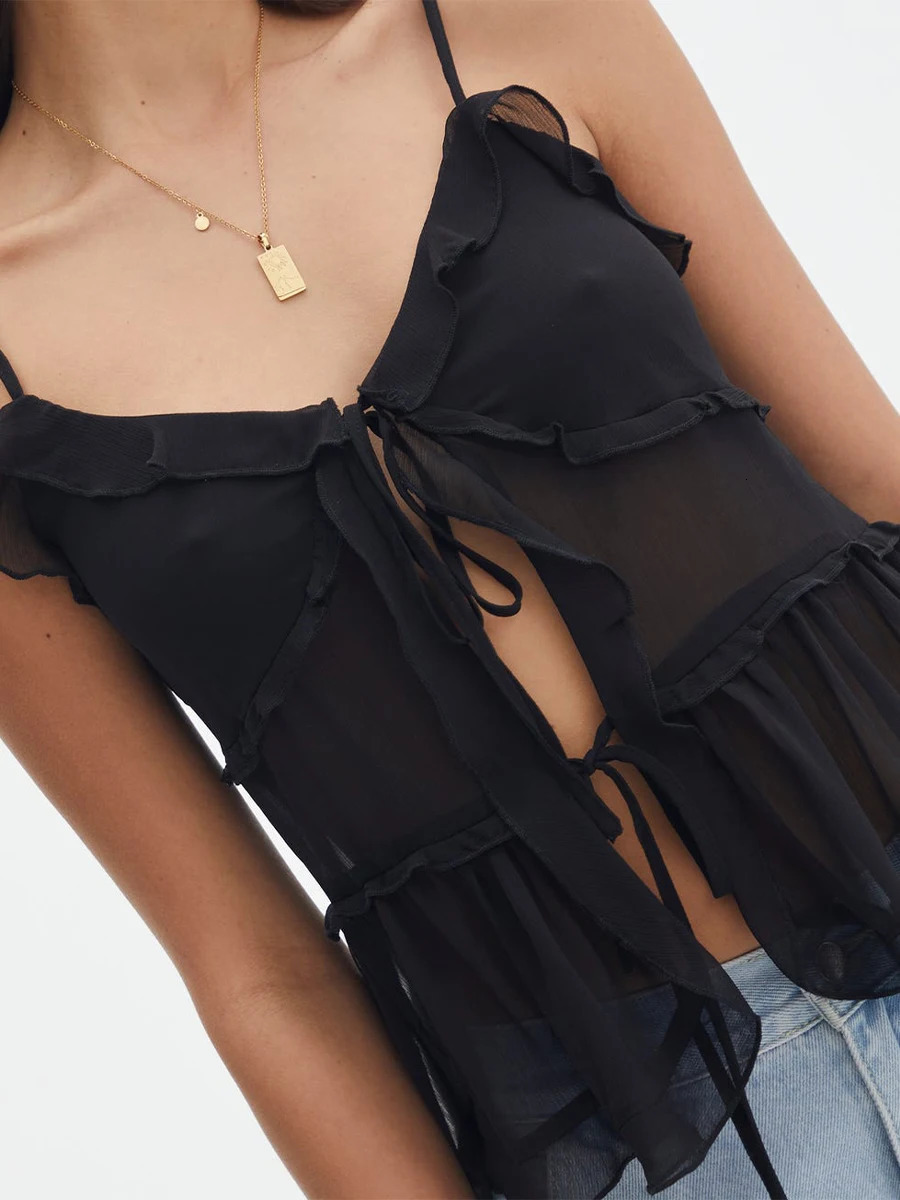 Womens Summer Casual Cami Tops Sleeveless Backless Solid Color Tie Up Ruffle Vest 250407