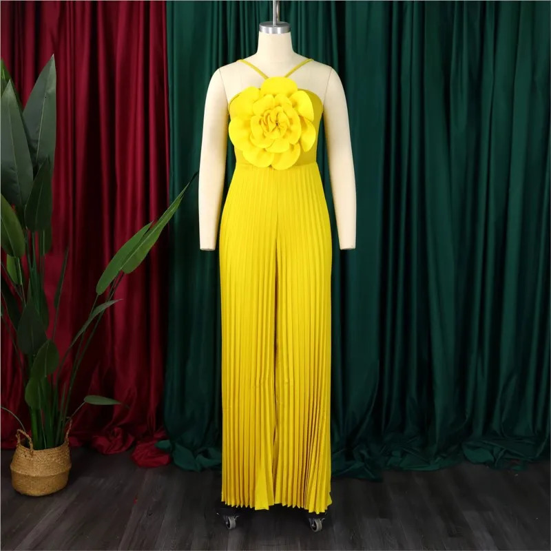 Womens Ruched Wide Leg Jumpsuit Vacation Yellow Halter Collar 3D Pleated Chiffon Pleated Spaghetti Straps Elegant Jumpsuit 250407