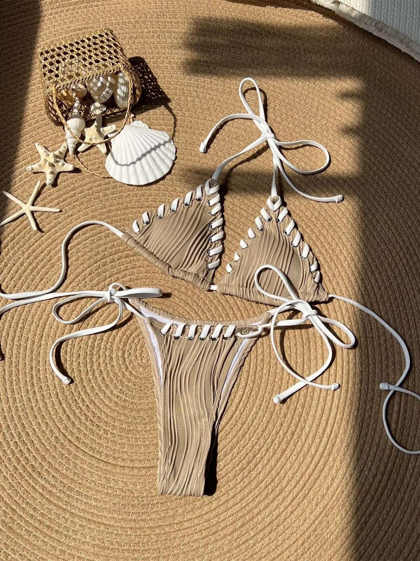 Dongdumaoyi Sexy Micro Bikini Women Beige Brown Pink Weave Bandage Cross Crochet Swimsuit Brazilian Beach Bathing Suit Thong Swimwear