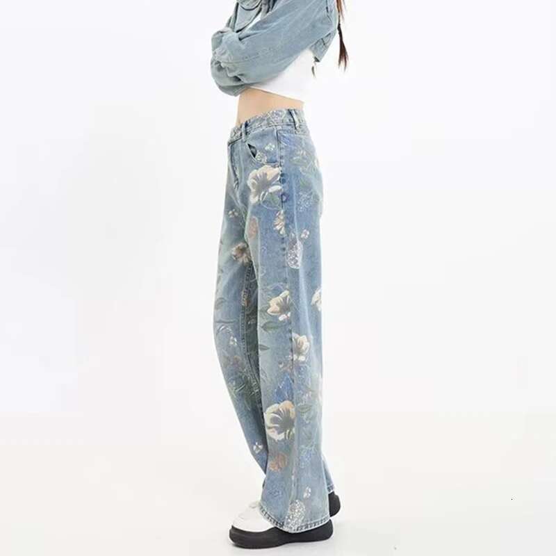 Print wers Design Wide Leg Jeans High Waist Korea Fahion Trousers Casual Baggy Straight Vaqueros Streetwear Women Denim Pants