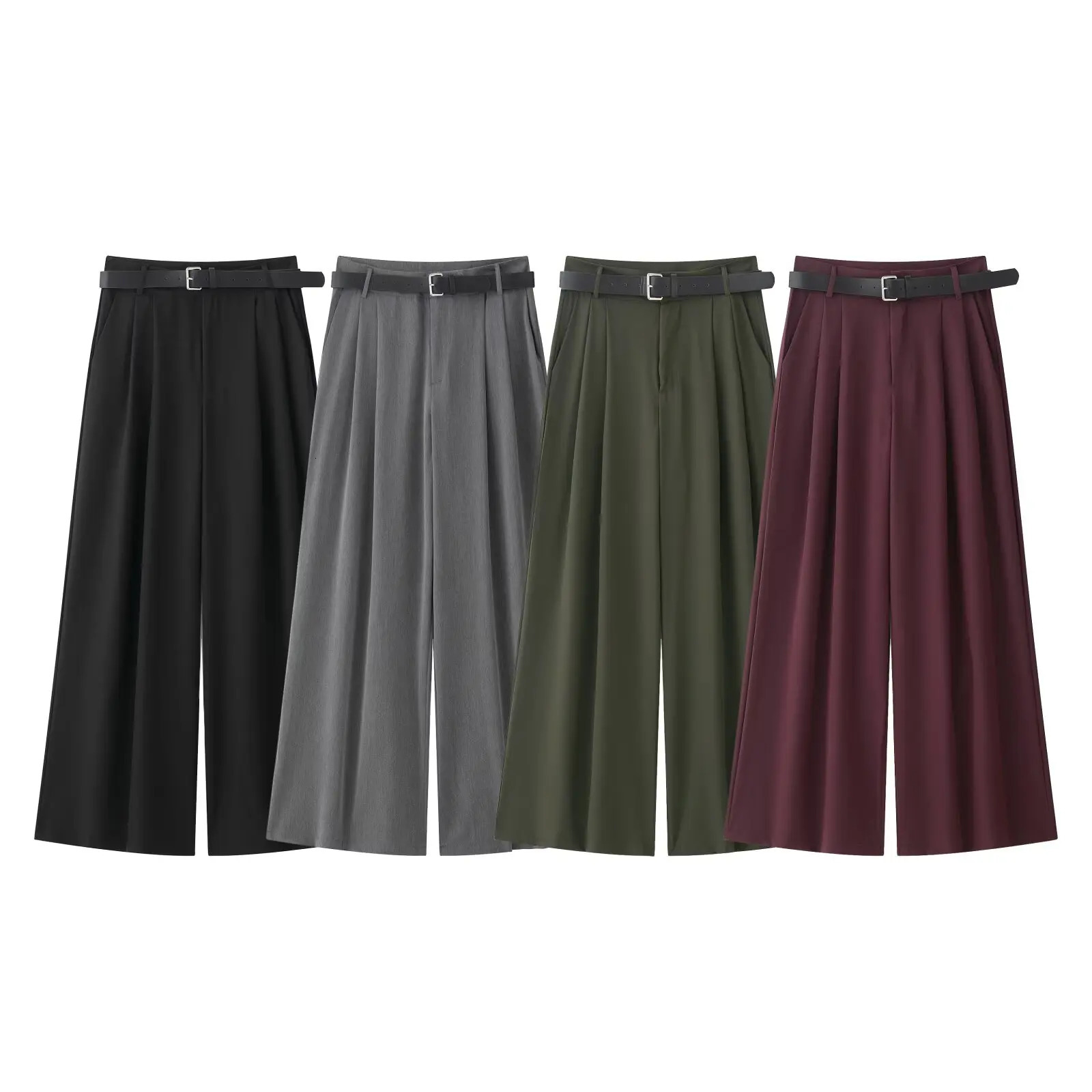Womens spring and summer straight pants casual pleated solid loose strap womens elegant street Trouser clothing 250407