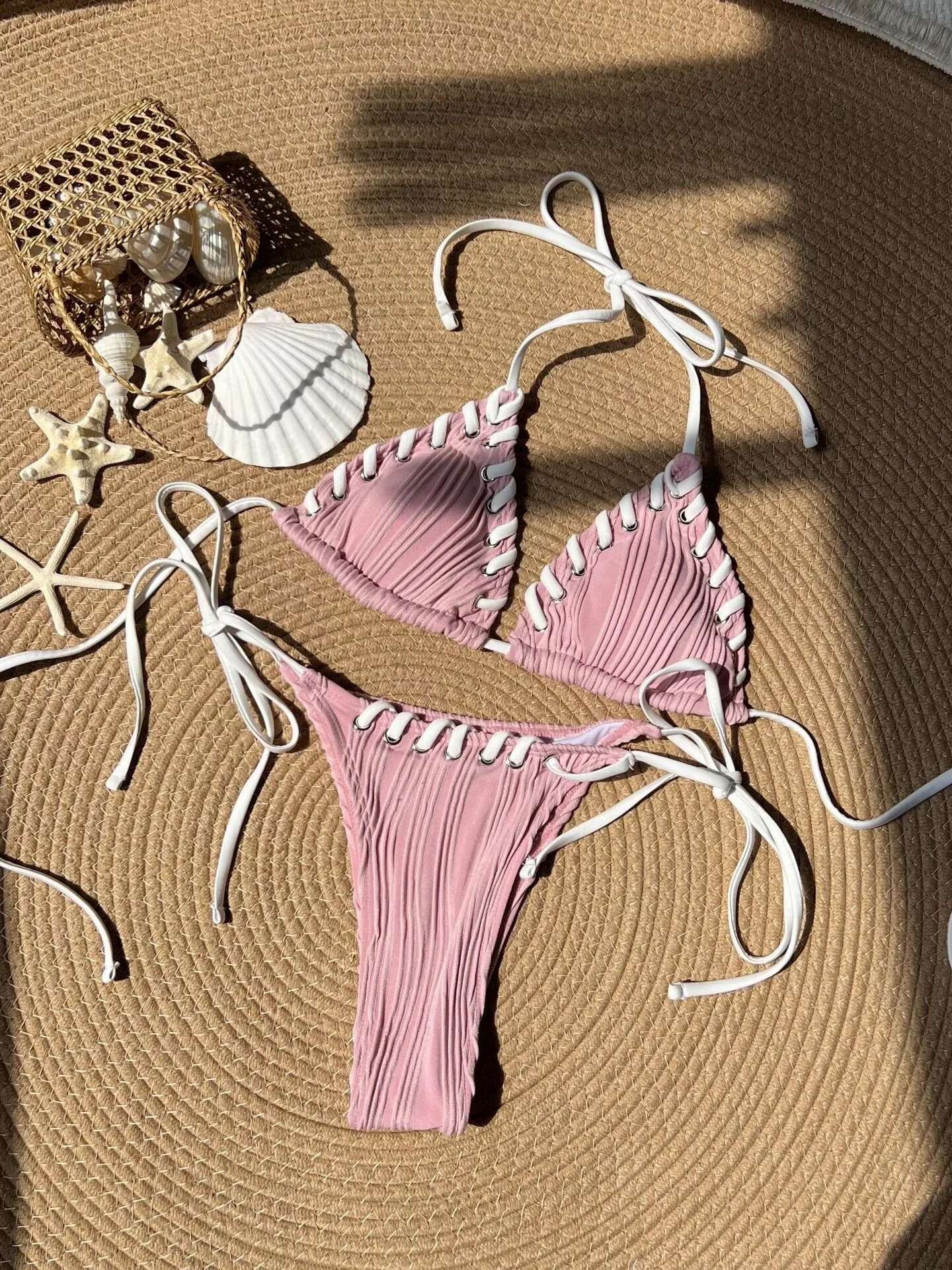 Dongdumaoyi Sexy Micro Bikini Women Beige Brown Pink Weave Bandage Cross Crochet Swimsuit Brazilian Beach Bathing Suit Thong Swimwear