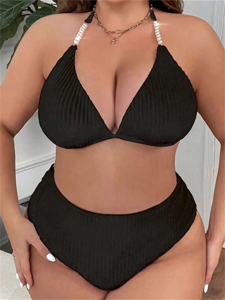 Dongdumaoyi Women Large Size Swimsuit Black White Pearls Strap Push Up High Waist Bikini Set Summer Beach Bathing Suit Swimwear Tankini