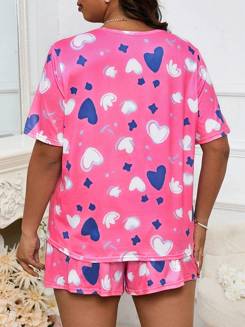 Comfortable Soft Heart Print Pajama Set Plus Size Short Sleeve Top Loose Elastic Shorts Womens Sleepwear Summer Loungewear Pjs 250408