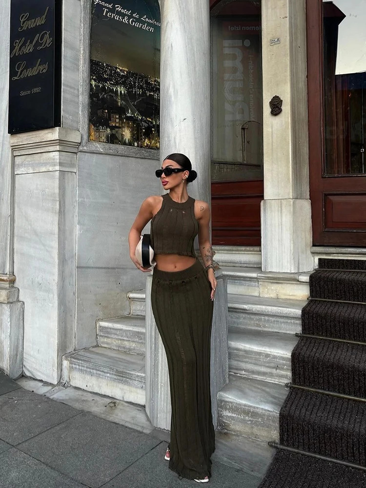 Hollow Knitted Dress 2-piece Set Womens Summer O-neck Sleeveless Crop Top High Waist Long Knitted Street Womens Clothing 250401