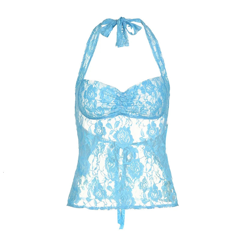 SUCHCUTE Sexy Clubwear Transparent Vest Bandage Halter Y2K Crop Tops Retro Lace Sheer Mesh Backless Camisoles Going Out Clothes 250407