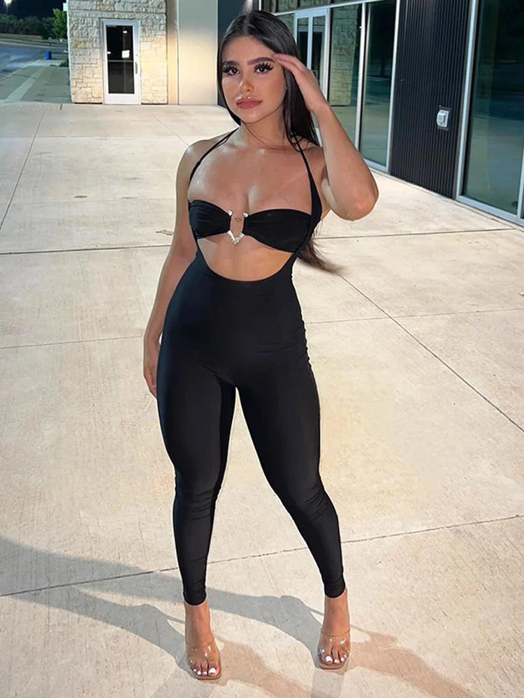 Neck-mounted Hollow Out Sexy Jumpsuit For Women Clothes Streetwear Playsuit Metal Decoration Rompers Sleeveless Silm Soild Mujer 250407