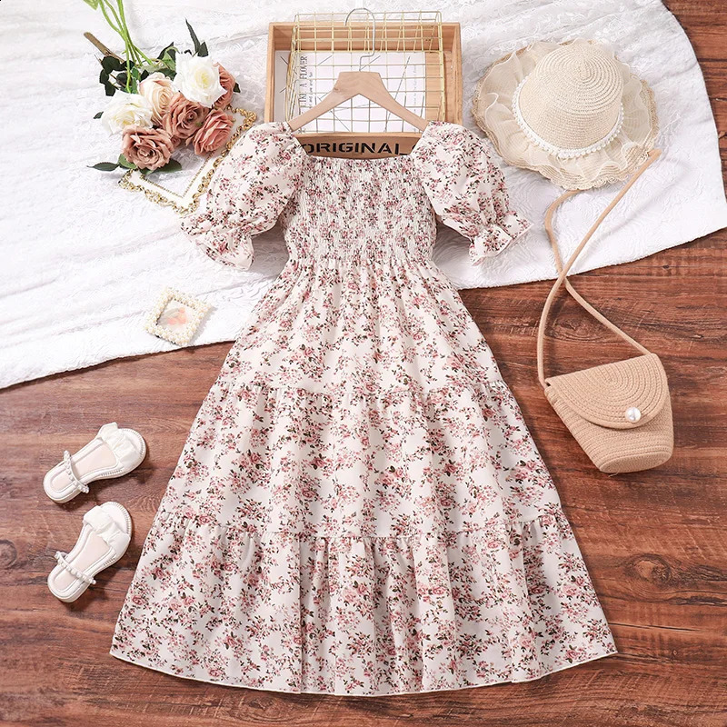 Children Summer Girls 8-12 Years Old Black Short Sleeve Puffed Sleeve Print Long Skirt Holiday Loose Comfortable Pastoral Dress 250408