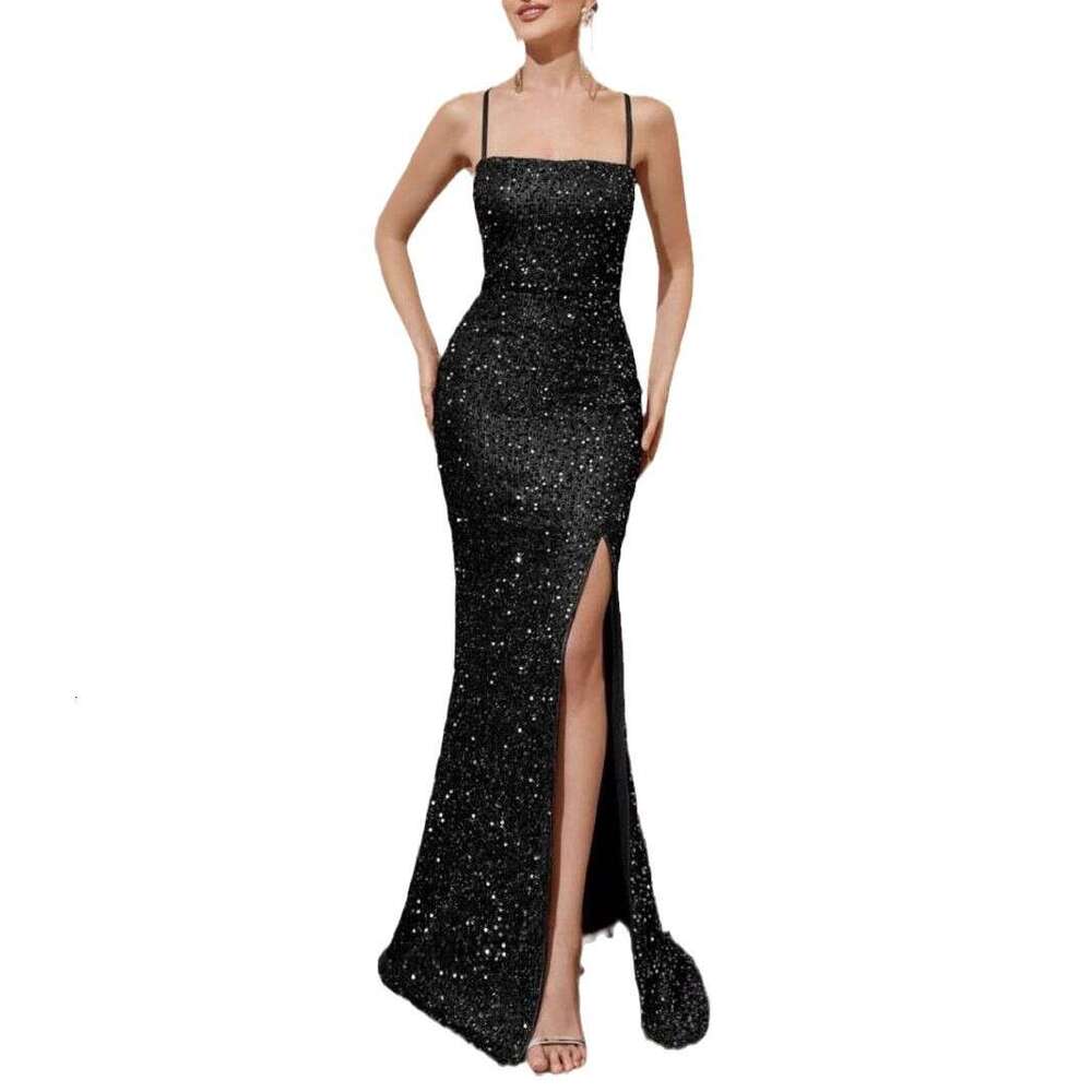 Cross-Border Summer New Women's High-Waisted Sexy Fashion Dress Strap Sequin Slit Gown
