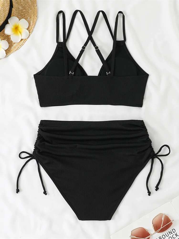 Dongdumaoyi Women S Two Piece Swimsuit Black Double Strap Push Up Pleate Drawstring Side High Waist Bikini Beach Bathing Suit Swimwear